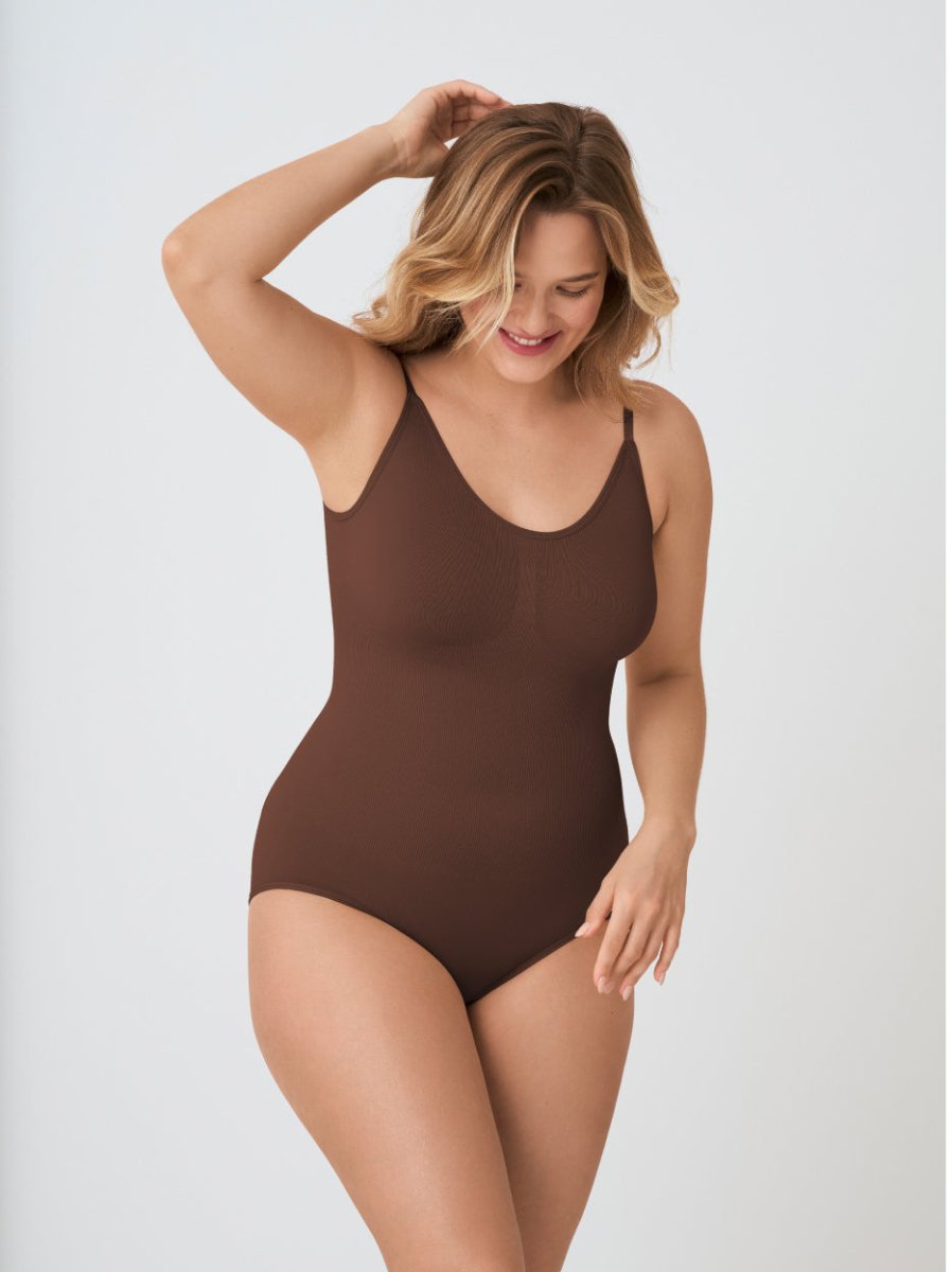 Scoop Neck Shapewear Bodysuit, Chocolate - Nuderie